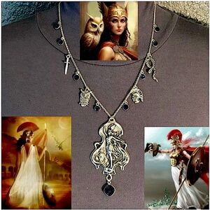 Athena Minerva Greek Roman Goddess Wisdom & War Handmade Necklace, Blue Druzy